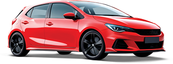 Red sporty sedan photographed from a front-left angle, showcasing its sleek design and black alloy wheels.